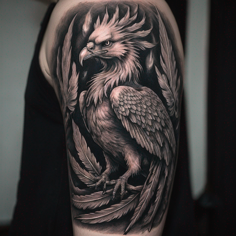 Un phoenix en noir et gris avec des plumes partiellement brulées-tattoo